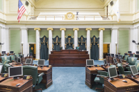 A photo of the Senate chamber of the Rhode Island State House in Providence.  Designed by McKim, Mead And White, the Rhode Island state capitol was built between 1895 and 1904.  The Rhode Island State House, a Classical Revival structure, is listed on the National Register of Historic Places.  This stock image Copyright Capitolshots Photography, ALL RIGHTS RESERVED.