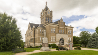 An image of the Marion County Courthouse in Palmyra, Missouri.  Marion County also has a courthouse in Hannibal, although Palmyra is the county seat.  The Palmyra courthouse was designed by William N. Bowman.  The Marion County Courthouse, a brick Romanesque Revival structure, was built in 1901.  This stock photo Copyright Capitolshots Photography, ALL RIGHTS RESERVED.
