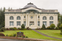 A photo of the Pacific County Courthouse in South Bend, Washington.  The South Bend courthouse was designed by C. Lewis Wilson.  Built in 1911, the Pacific County Courthouse, a Beaux-Arts structure, is listed on the National Register of Historic Places.  This stock image Copyright Capitolshots Photography, ALL RIGHTS RESERVED.