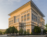 An image of the Robert C. Byrd United States Courthouse in Charleston, West Virginia.  Designed by Skidmore, Owings And Merrill and dedicated in 1998, the federal courthouse serves the United States District Court for the Southern District of West Virginia.  The Charleston courthouse was the first to use federal design guidelines requiring separate and secure corridors for judges, prisoners and the public.  This stock photo Copyright Capitolshots Photography, ALL RIGHTS RESERVED.